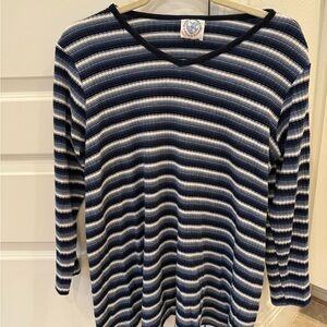 Blue & White Striped Ribbed Long Sleeve Top L granola girl, minimalist, casual